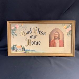 Vintage God Bless Our Home Framed Art Jesus Religious
